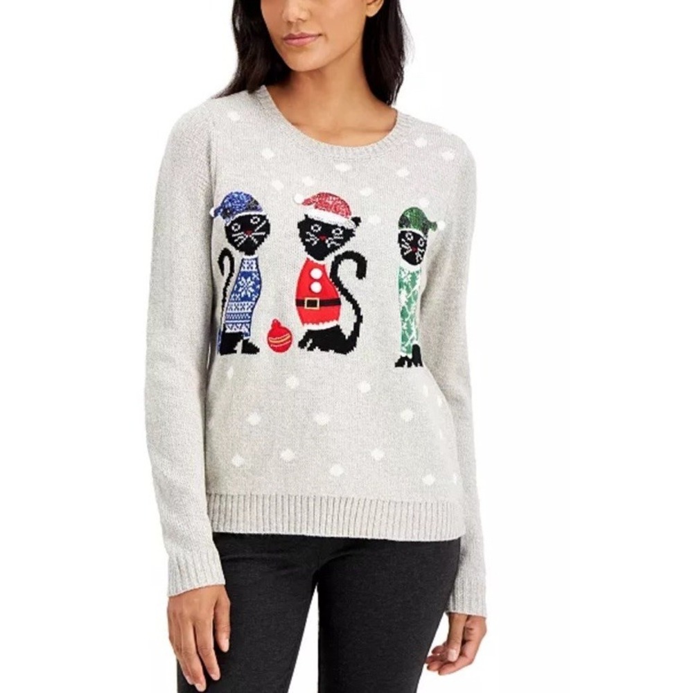 Karen Scott Petite Christmas Cats Pullover Sweater‎ XL Grannycore Party Macy's